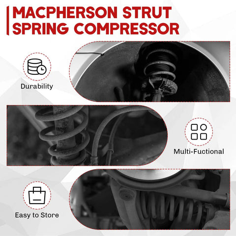 MacPherson Strut Spring Compressor Tool Kit in use for coil spring compression, highlighting durability and multifunctionality.