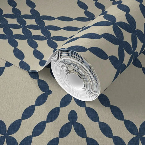 Premium Navy Trellis Wallpaper With Snazzy Linen Weave Hella Durable Polyester Surface Sweet For Kitchens Bathrooms And Commercial Lobbies Straight Paste To Paper Setup Reliable Type Two Finish, rolled out to show pattern.