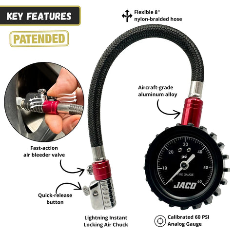 Tire Pressure Gauge With Lightning Chuck Battery Free High Accuracy ANSI B40 1 Certified Reads Up To 60 PSI Instant Lock Valve Stem For Fast On The Go Tire Checks, 8-inch hose