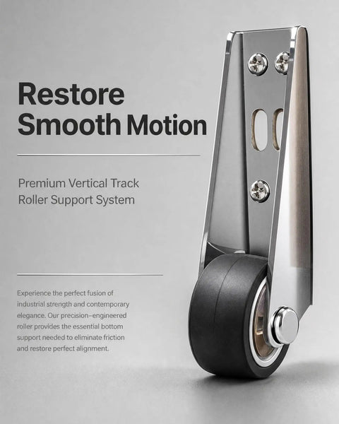 Heavy Duty Vertical Track Roller Wheel With 130lb Load Rating And Anti Sag Support, close-up of roller with steel mount.