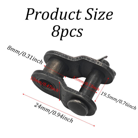 8 Piece Roller Chain Offset Link Set Size 40 Half Link Chain Carbon Steel Crank Link End Split For Industrial Workhorse Tough As Nails Performance In Mechanical Projects And Maintenance, showing measurements in inches.