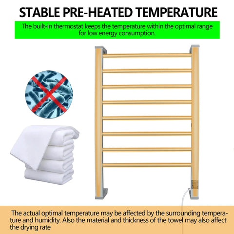 Eight Bar Towel Warmer With Timer For Bathroom And Laundry, Portable Free Standing Heated Rack With Auto Cutoff, gold color