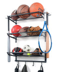 Three Tier Wall Mounted Gear Organizer With Ball Rack Bat And Racket Holders And Four Helmet And Accessory Hooks Heavy Duty Garage Storage In Glossy Black