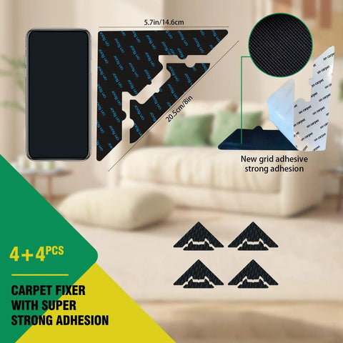 Eight Pack Non Slip Rug Pads With Reusable Double Sided Carpet Tape For Hardwood Floors And Tiles, Extra Thick 2mm Grid Adhesive That Grips Rug Fibers And Keeps Area Rugs From Shifting, No Residue
