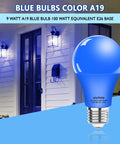 Two Pack Blue LED A19 Bulbs 9W 120V E26 Dimmable Replaces 100W For Christmas Holiday Home Lighting, Party Decor