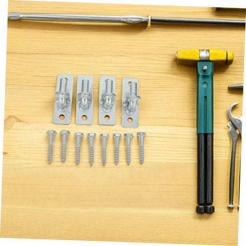 Built Like A Tank Heavy Duty Wall Mounted Fence Post Hinges Silver with screws and tools on a wooden surface.