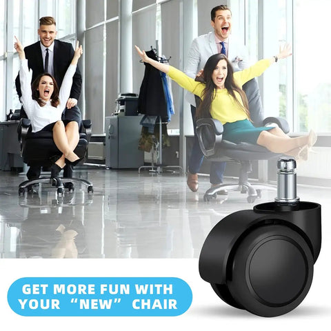 Replacement Office Chair Caster Wheels Set Of 5 For Hardwood Floors And Carpet Heavy Duty Up To 1000 Lb Capacity 2 Inch Universal Size Black Polyurethane Casters For Smooth Glide And Floor Protection, shown with people enjoying office chairs.