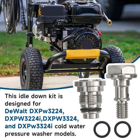 Must Upgrade Handle Knobs And Stainless Steel Banjo Bolt Kit For Dewalt DXPW3224, 3324 Pressure Wasers With Idle Down Valve Replacement To Boost Efficiency And Lock In That Fresh Cold Water Flow Right Now. Stainless steel idle-down valve banjo bolt kit with O-rings for DeWalt pressure washer