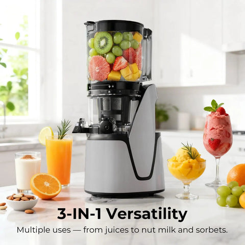 EanOruus 3-in-1 Cold Press Juicer With Huge 6.5 Inch Wide Chute And 100 Oz Tank for fresh juice, nut milk, and sorbet.