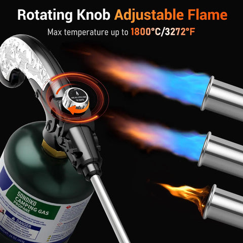 Heavy Duty Propane Weed Torch With 30 Inch Long Arm Flamethrower with adjustable flame knob and flame colors.