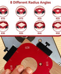 Game Changer Radius Jig Router Templates Paired With Dual Precision Trimming Cutters For No Sweat Woodworking Corners And Smooth Table Edges Heavy Duty Aluminum Alloy Template Kit showing eight radius angles on red jigs.
