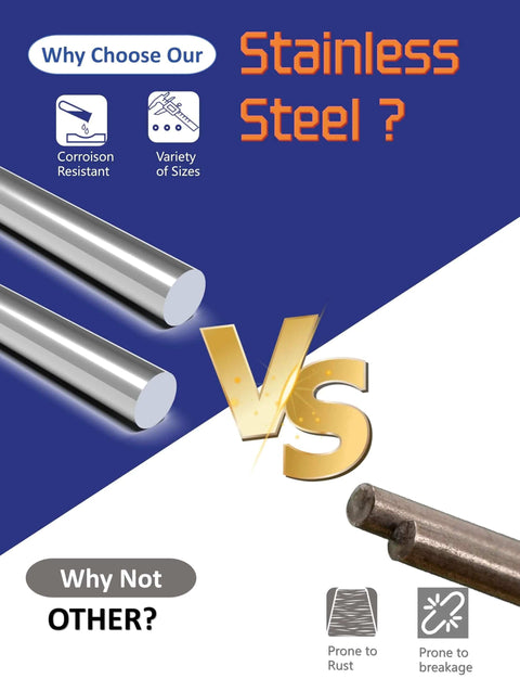 Comparison of Pro Grade 304 Stainless Steel Round Rod Set 3/16 Inch Diameter By 16 Inch Length Six Pieces and other material.