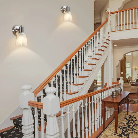 Turn Up The Vibe With This Set Of Two Modern Wall Sconces Brushed Nickel Vanity Lights on stairway wall