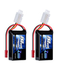 Two Pack 2S 7.4V 850mAh 50C LiPo Battery Soft Pack with JST Connector for FPV Drones and RC Models visible with connectors