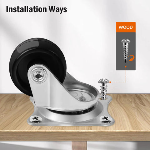 Cofufu low-profile plastic caster wheel with metal mounting plate, 1 inch, black wheel; side view installed on wood surface.