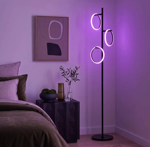 RGB Color Changing Floor Lamp With Tall Tree Design, Modern Standing Lamp for bedroom, 3 LED Lights, Matte Black Finish, Smooth RGB Gradient
