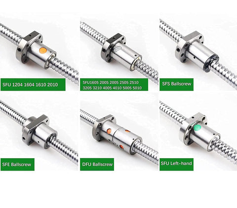 Various ballscrew kits with different models and specifications, including nut end supports and couplers, displayed in six segments.