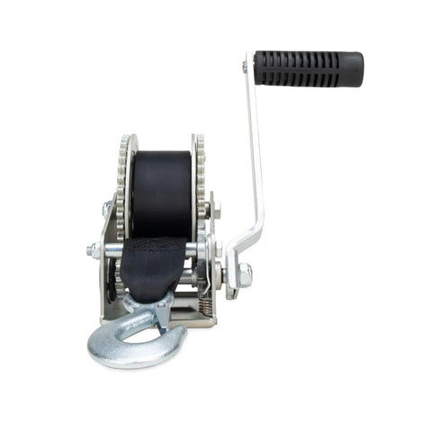 Close-up of 2000lb Manual Boat Trailer Winch with 20 Foot Strap, Two-Way Ratchet and Neutral, Comfort Grip Crank Handle