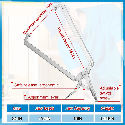 Two Pack 24 Inch Locking C Clamp With Large Opening Jaws And Adjustable Pliers With Grip Swivel Pads Alloy Steel Construction