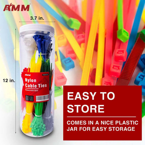 Colorful Zip Ties Pack 1000 Count With Assorted Sizes 4 6 8 And 10 Inches In A Handy Plastic Storage Jar for wire management.