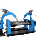 Heavy Duty Cnc Robotic Welding Arm For Metal Rack Assembly With No Sweat Programming And Multi Material Flexibility For Serious Shop Work And Fast Setup, dual robotic arms on a metal base, precision welding setup.