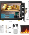 Fireproof Safe With Biometric Access, Waterproof 1.4 Cubic Foot Electronic Digital Security Safe For Home Office with gold bars and documents inside, showing contents and accessories including keys and fireproof bag.