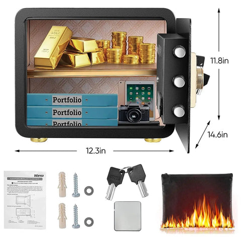 Fireproof Safe With Biometric Access, Waterproof 1.4 Cubic Foot Electronic Digital Security Safe For Home Office with gold bars and documents inside, showing contents and accessories including keys and fireproof bag.