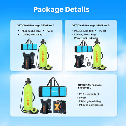 S700 Plus Mini Scuba Tank 1.9L with vest, mesh bag, refill adapter, and compressor options for diving and backup air source.