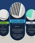 Three-panel automotive cabin filter infographic: Particulate left, Activated Carbon center, HEPA right.
