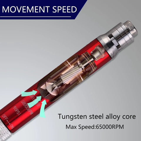 Detailed view of Ready To Roll 58000 Rpm Air Pencil Grinder showing tungsten steel core, max speed 65000 RPM for precision work.