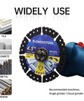 4.5 inch diamond saw blade with angle grinder for cutting marble, quartz, stone, tile, metal, plastic, labeled 4-1/2 Inch Diamond Multi-Purpose Saw Blades.
