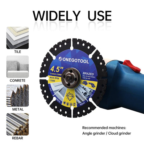 4.5 inch diamond saw blade with angle grinder for cutting marble, quartz, stone, tile, metal, plastic, labeled 4-1/2 Inch Diamond Multi-Purpose Saw Blades.