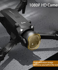 Beginner Friendly Foldable Drone With 1080P HD Camera in close-up, showing camera lens and propellers on a textured surface.