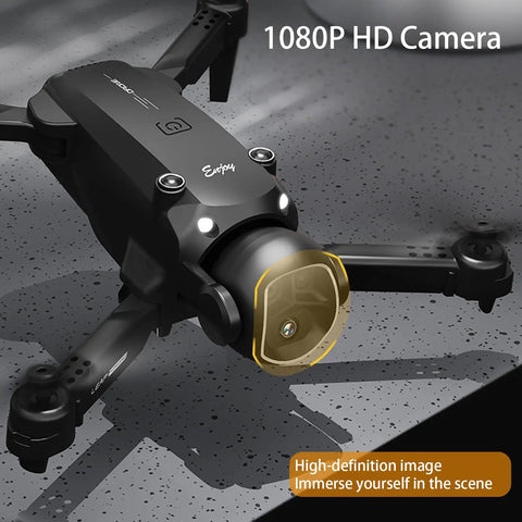 Beginner Friendly Foldable Drone With 1080P HD Camera in close-up, showing camera lens and propellers on a textured surface.