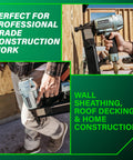 A worker using a 7/16 Inch Standard Crown Stapler for Roofing and Subfloor Installations, Lightweight Pneumatic Nail Gun With Pro Grade Power, 16 Gauge, Handles 1 to 2 Inch Crown Staples, A Total Workhorse for Decking Subflooring and Construction for wall sheathing