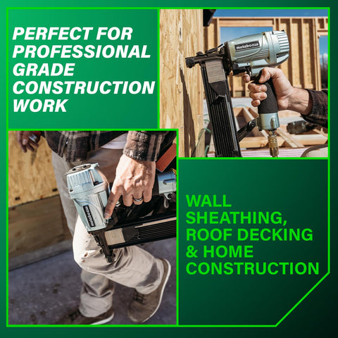 A worker using a 7/16 Inch Standard Crown Stapler for Roofing and Subfloor Installations, Lightweight Pneumatic Nail Gun With Pro Grade Power, 16 Gauge, Handles 1 to 2 Inch Crown Staples, A Total Workhorse for Decking Subflooring and Construction for wall sheathing