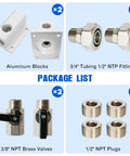 Package list of Two Pack Three Quarter Inch Compressed Air Outlet Kit With One Half Inch NPT Ports Aluminum Manifold and components