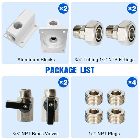 Package list of Two Pack Three Quarter Inch Compressed Air Outlet Kit With One Half Inch NPT Ports Aluminum Manifold and components