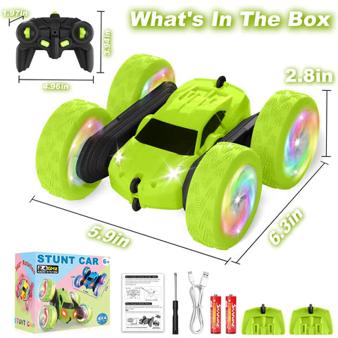 Package contents of Rad Stunt RC Car With Two Point Four GHz Remote 360 Degree Flips Double Sided Crawler USB C Modular Battery