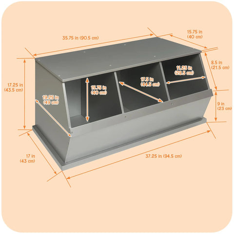 Stackable 3 Bin Storage Cubby For Toys And Crafts, silver wide mouth bins with solid panel construction and ample dimensions.