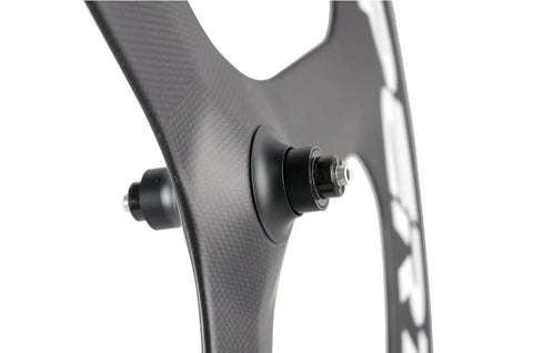 Close-up of Beefy 70mm Full Carbon 3 Spoke Clincher Wheelset For 700C Road Bike T700c 23mm Rim Width Matte 3K Finish EN Certified
