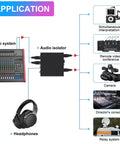 Diagram of audio equipment setup with Ground Loop Noise Isolator For XLR TRS RCA 3.5mm Audio Interfaces and various applications.