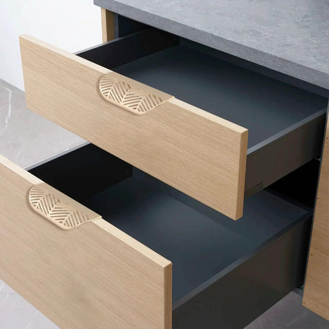 Two wooden drawers with Leaf Shaped Cabinet Pulls 2 Pack Curved Hollow Gold Leaf Drawer Handles In Zinc Alloy installed