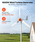 Big Power 1000W 12V Wind Turbine Kit With 3 Blades and Solar Hybrid Controller for RVs Boats Home and Farm Use, Efficient 3 Phase AC Generator, Tower Pole Not Included. Turbine against blue sky and green field backdrop.