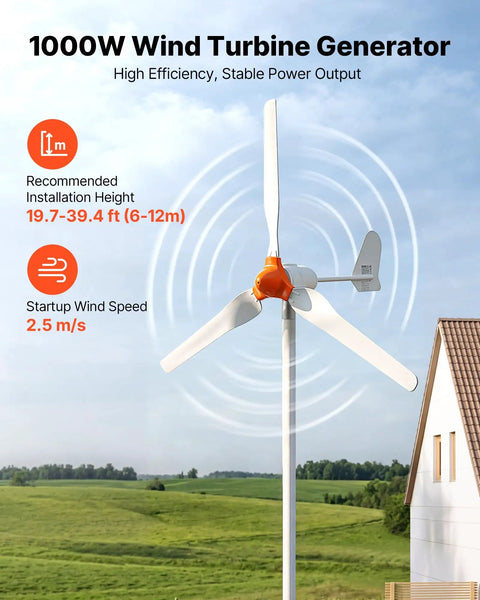 Big Power 1000W 12V Wind Turbine Kit With 3 Blades and Solar Hybrid Controller for RVs Boats Home and Farm Use, Efficient 3 Phase AC Generator, Tower Pole Not Included. Turbine against blue sky and green field backdrop.