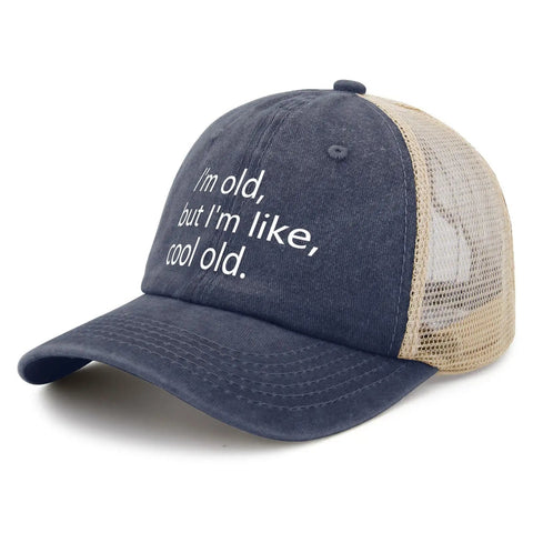 Old But Still Fly Funny Hat For Men And Women Golf Trucker Cap with breathable mesh, featuring humorous text for outdoor adventures.