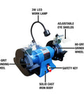 Eight Inch Industrial Bench Grinder 3600 Rpm 1 Horsepower Dual Voltage Shop Dog with LED lamp and adjustable eye shields.