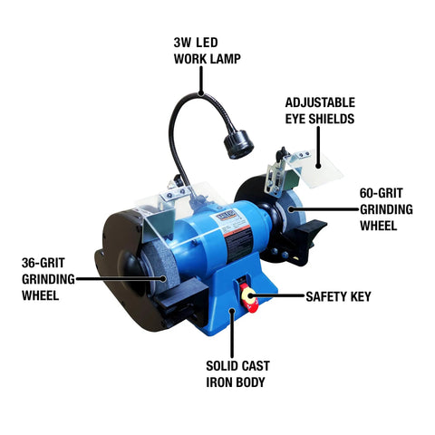 Eight Inch Industrial Bench Grinder 3600 Rpm 1 Horsepower Dual Voltage Shop Dog with LED lamp and adjustable eye shields.
