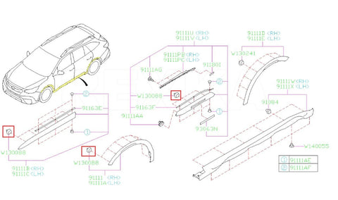 Rexka 10pc Subaru fender/rocker/pillar trim retainers with sealer; exploded side-view diagram with highlighted clips