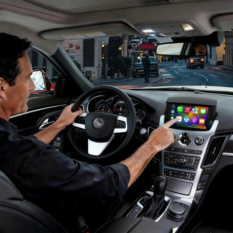 Driver using Wireless CarPlay and Android Auto Interface for Cadillac CTS 2009-2013 Retrofit Kit with original camera support.